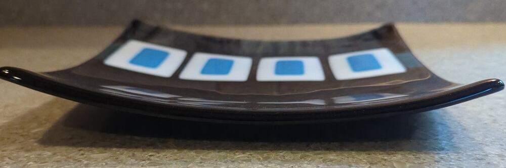 Mid Century Fused Art Glass Curved Plate Blue White Square Signed 8.5 x 8.5 x1.5